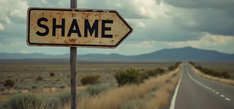 A road sign that says "SHAME" along a highway in the desert illustrates the effects of shame