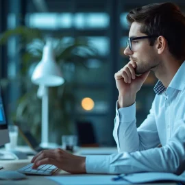 A man in a white button-up shirt sitting at a desk thoughtfully looking at meditation research data on a computer screen