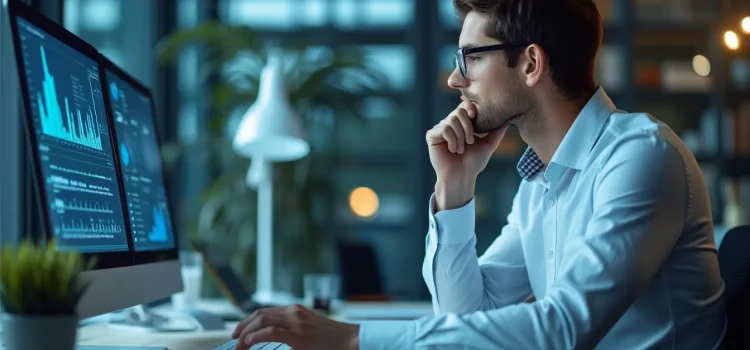 A man in a white button-up shirt sitting at a desk thoughtfully looking at meditation research data on a computer screen