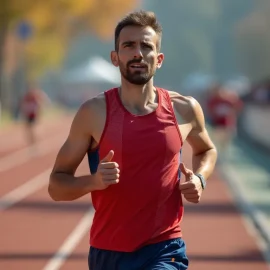 A man wearing a red shirt running a race on a track illustrates a productivity mindset (a finisher's mindset)