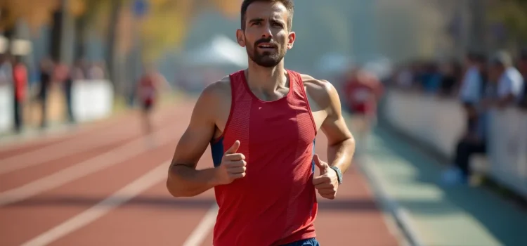 A man wearing a red shirt running a race on a track illustrates a productivity mindset (a finisher's mindset)