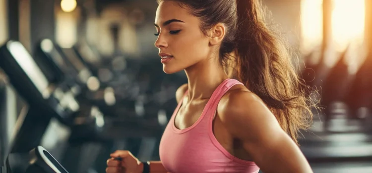 A woman running at the gym on the treadmill as a tip for physical health