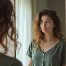 A sad woman looking at herself in a full-length mirror illustrates harmful beauty standards for women