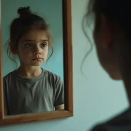 A sad woman looking in a mirror at a reflection of herself as a child illustrates how to heal childhood wounds