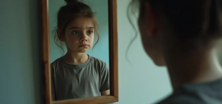 A sad woman looking in a mirror at a reflection of herself as a child illustrates how to heal childhood wounds