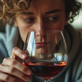 A sad woman with curly brown hair holding a glass of red wine illustrates common ego defenses