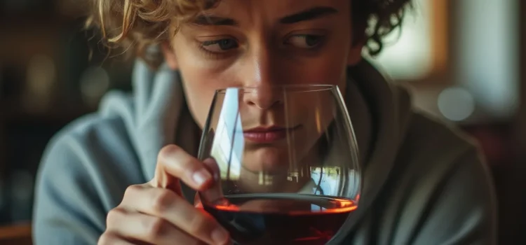 A sad woman with curly brown hair holding a glass of red wine illustrates common ego defenses