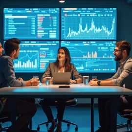 A sales team of four people evaluating data on a screen in a conference room illustrates how to validate a product idea