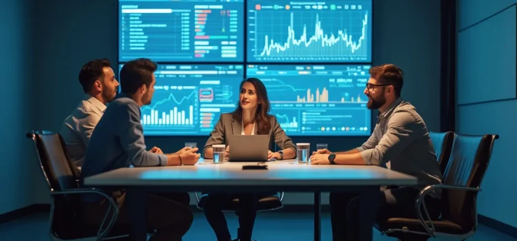 A sales team of four people evaluating data on a screen in a conference room illustrates how to validate a product idea