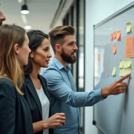 A sales team looking at MVP features on a whiteboard, with one person pointing to a sticky note