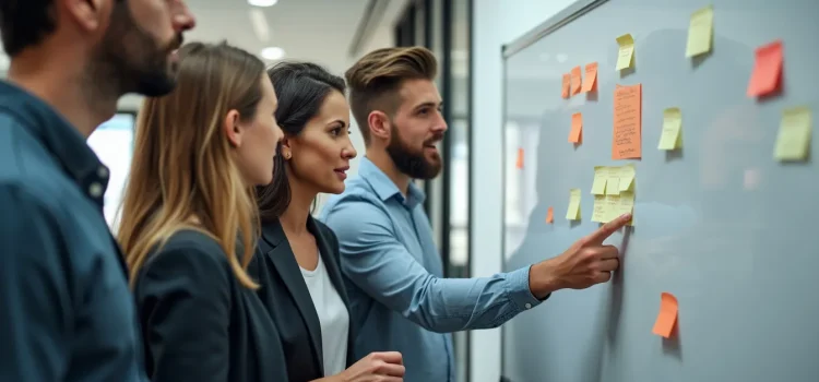 A sales team looking at MVP features on a whiteboard, with one person pointing to a sticky note