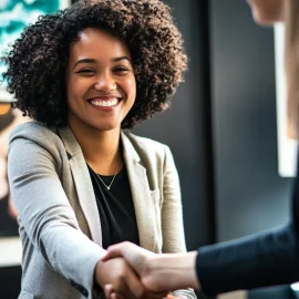 A businesswoman who knows how to satisfy customers's needs, shaking a woman's hand