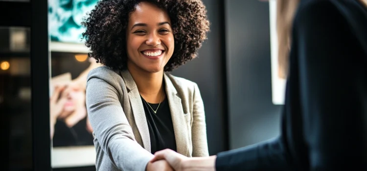 A businesswoman who knows how to satisfy customers's needs, shaking a woman's hand