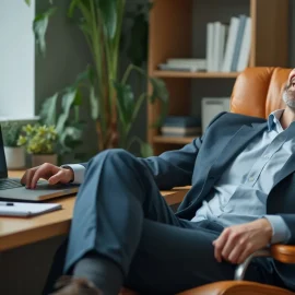 A business professional at his desk who is leaning back in his chair and smiling illustrates how to handle success