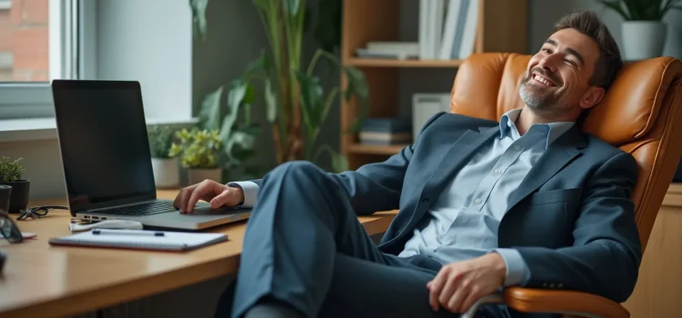 A business professional at his desk who is leaning back in his chair and smiling illustrates how to handle success