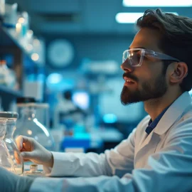 What is slow productivity? A bearded male scientist wearing a lab coat and working in a lab illustrates the concept