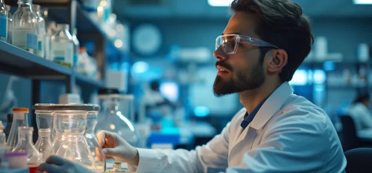 What is slow productivity? A bearded male scientist wearing a lab coat and working in a lab illustrates the concept