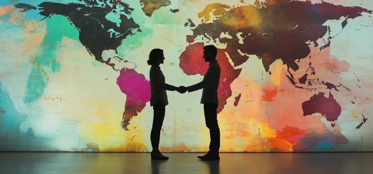 A man and a woman shaking hands in front of a world map, representing the importance of trade in society