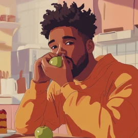 A man eating an apple in his kitchen and ignoring the slice of cake on the table, showing the psychology of discipline