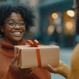 A woman smiling at a man who's given her a gift, representing the importance of gratitude in relationships