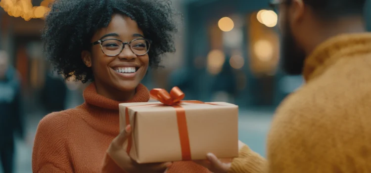 A woman smiling at a man who's given her a gift, representing the importance of gratitude in relationships