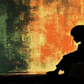 A silhouette of a boy dealing with childhood trauma in a room