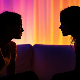 A silhouette of a mother and her daughter talking about sexual assault on the couch