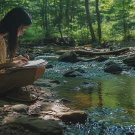 A girl sketching in a notebook while crouching next to a stream in a forest, a great source of creative inspiration