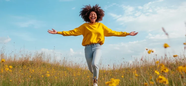 A woman getting the most out of life by skipping in a field