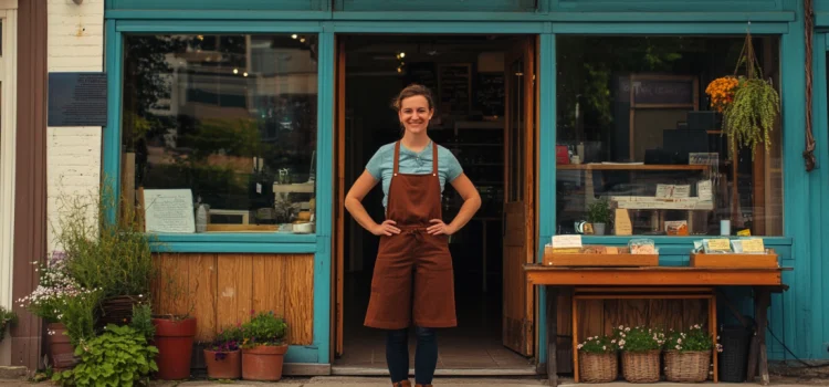 An owner specializing in startup management proudly stands in front of her small business