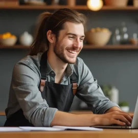 A smiling man with an impact player mindset at work wearing an apron and typing on a laptop