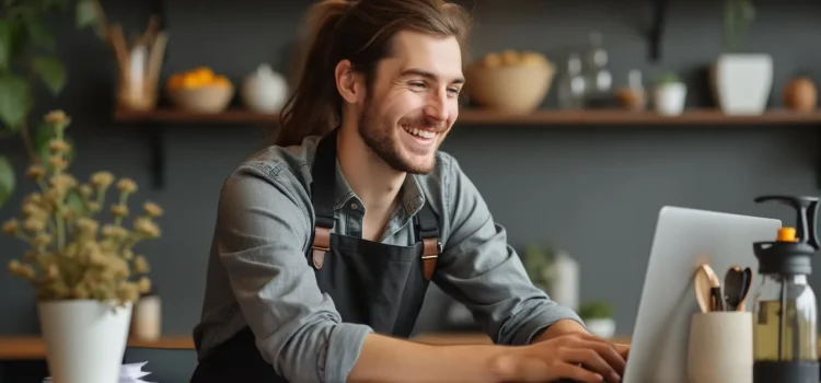 A smiling man with an impact player mindset at work wearing an apron and typing on a laptop