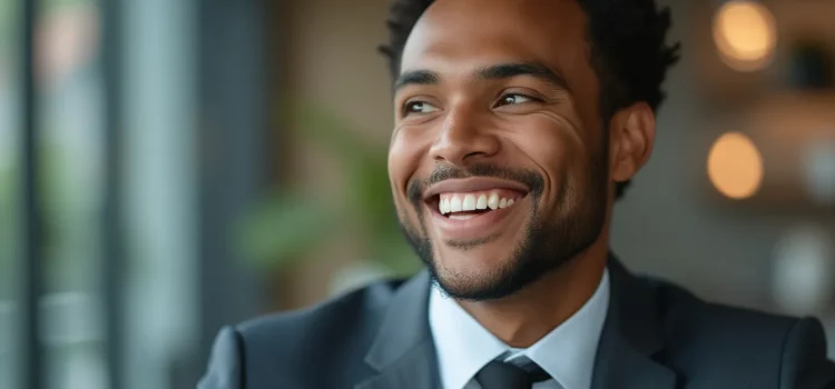 A smiling man in a suit and tie illustrates personal growth in business