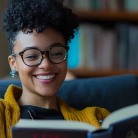 A woman smiling while reading a book