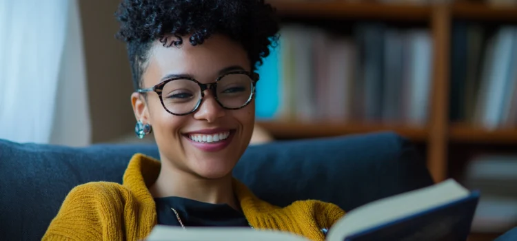 A woman smiling while reading a book