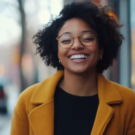 A smiling woman on the street who knows how to be more optimistic