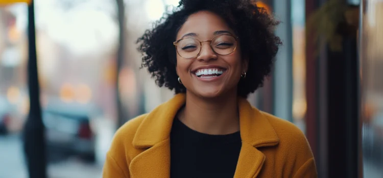 A smiling woman on the street who knows how to be more optimistic