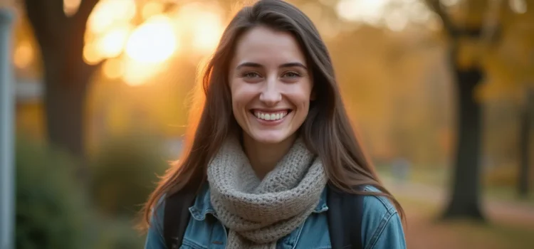 A smiling woman with long brown hair wearing a jean jacket and scarf illustrates control of thoughts, feelings, and behaviors