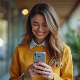 A smiling woman wearing a bright yellow sweater illustrates the importance of knowing how to design a website for mobile