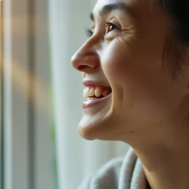 A close-up of a smiling woman looking out the window where the sun is shining illustrates the benefits of awareness