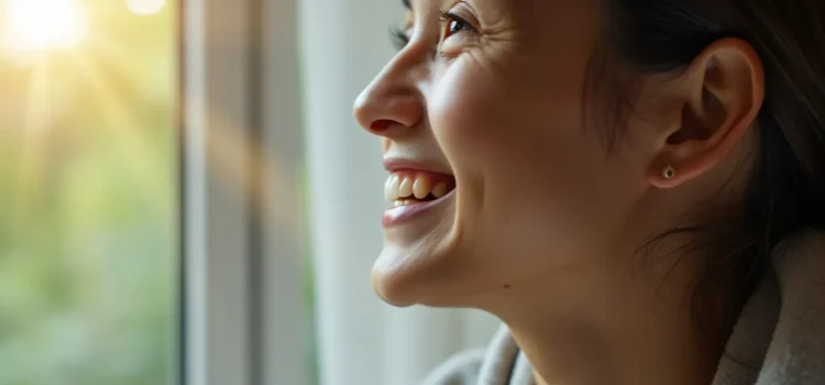 A close-up of a smiling woman looking out the window where the sun is shining illustrates the benefits of awareness