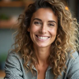 A smiling woman with curly hair in a home office illustrates the link between entrepreneurship and wealth creation