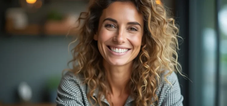 A smiling woman with curly hair in a home office illustrates the link between entrepreneurship and wealth creation