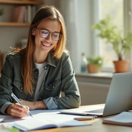 A woman with long blonde hair, glasses, and a denim shirt writing at a desk illustrates how to complete a task successfully