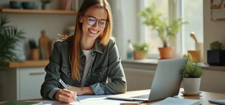 A woman with long blonde hair, glasses, and a denim shirt writing at a desk illustrates how to complete a task successfully