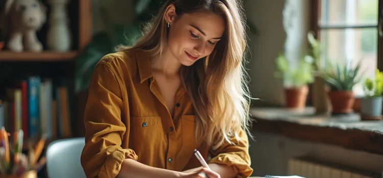 A woman with long blonde hair and an orange shirt enjoying creative fulfillment by writing on a notepad in her office