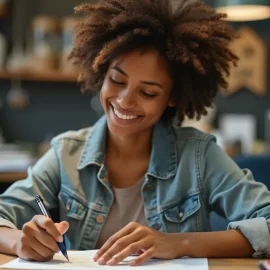 A smiling woman writing on a piece of paper in a creative workspace illustrates the concept of working at your own pace