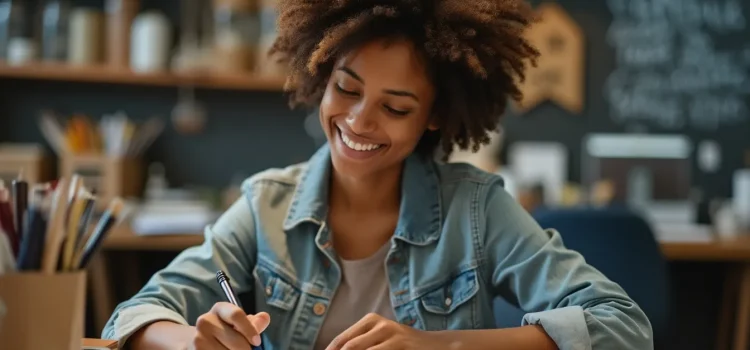 A smiling woman writing on a piece of paper in a creative workspace illustrates the concept of working at your own pace