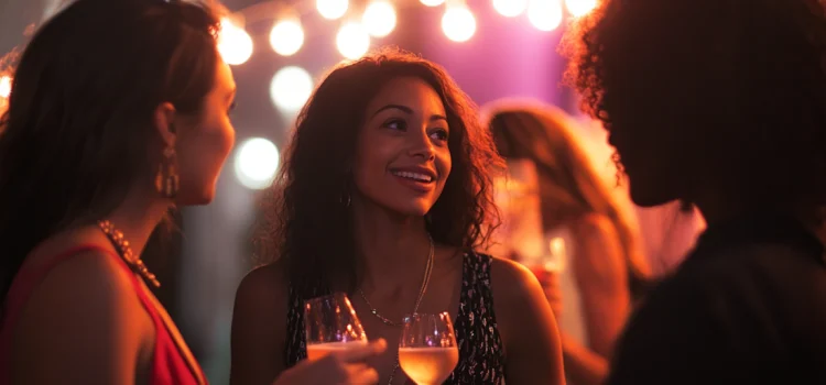 Three people fulfilling human social needs while socializing at an event with drinks in their hands