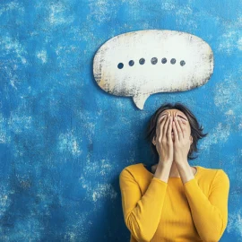 A woman who is stressed out has a speech bubble with only dots, representing how stress can cause a speech problem